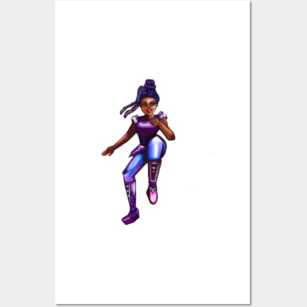 Black anime superhero green eyed girl from outer space doing a high knee kick ! beautiful  black girl with Afro hair, brown eyes, Cherry pink lips and dark brown skin. Hair love ! Wall Art by Artonmytee